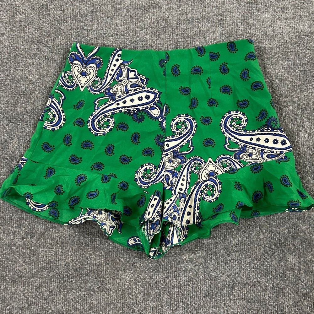 Zara Shorts Womens Size S Green Paisley Ruffle Hem Boho High Waisted Casual